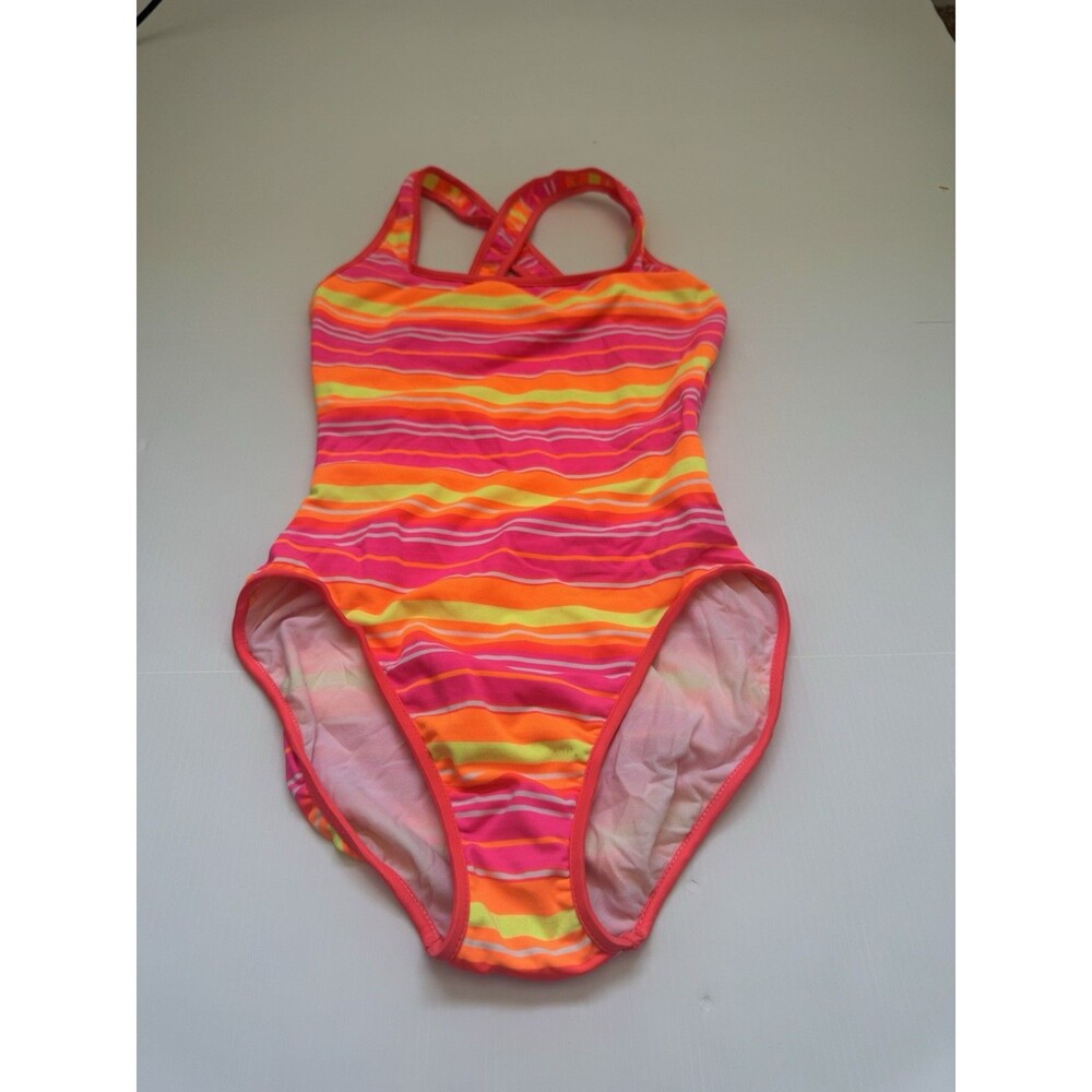 Willow Sport Girls One Piece Swimsuit Neon Pink Orange Stripe Size 10